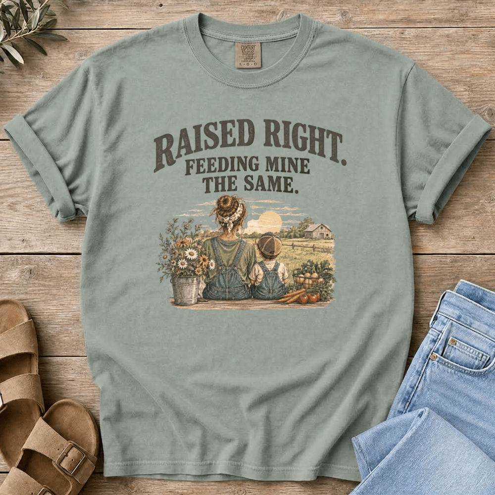 Nourish with Britt T-Shirt Raised Right T-Shirt Real Food Mom Tee | Raised Right, Feeding Mine the Same T Shirt