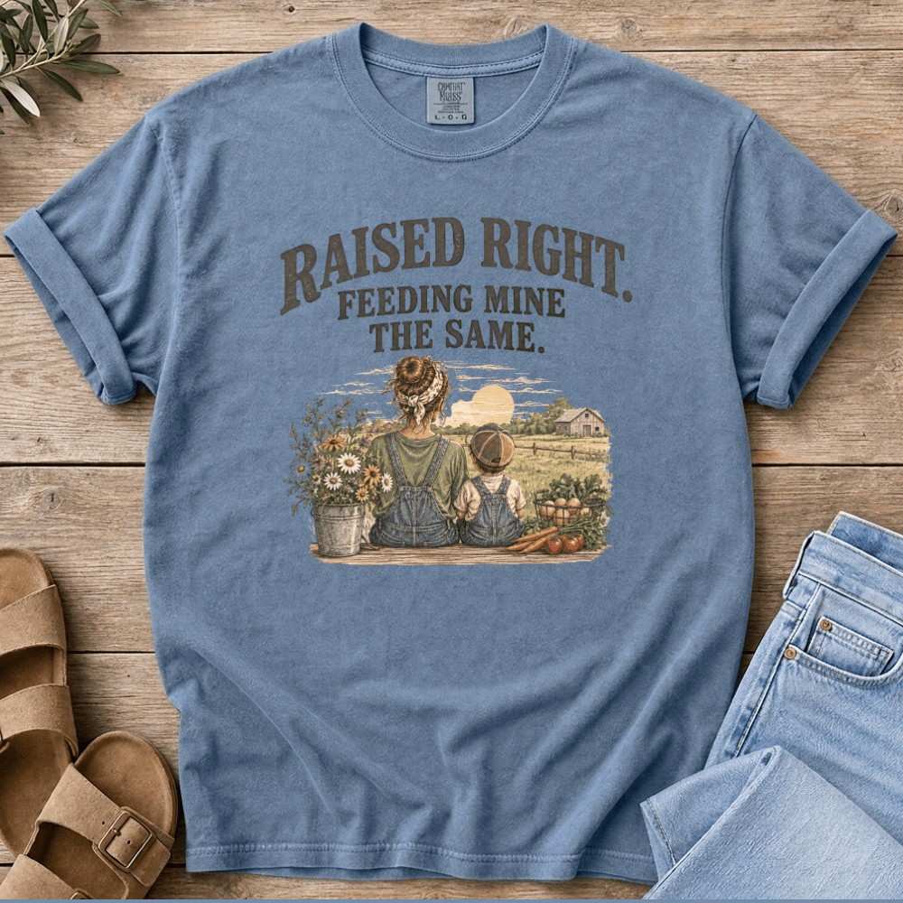 Nourish with Britt T-Shirt Raised Right T-Shirt Real Food Mom Tee | Raised Right, Feeding Mine the Same T Shirt