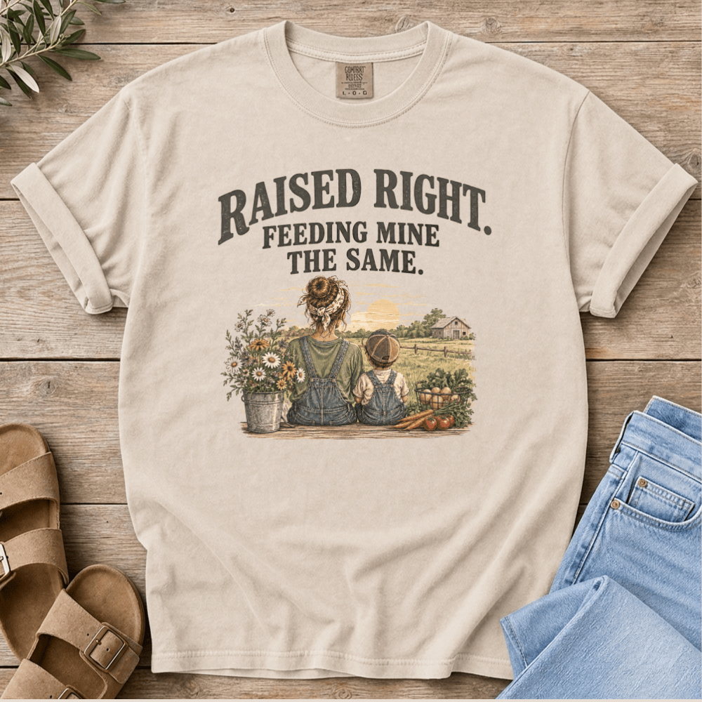 Nourish with Britt T-Shirt Raised Right T-Shirt Real Food Mom Tee | Raised Right, Feeding Mine the Same T Shirt