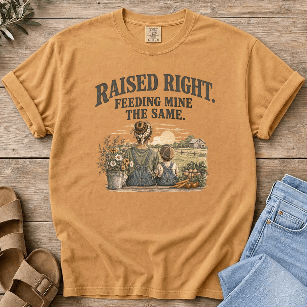 Nourish with Britt T-Shirt Raised Right T-Shirt Real Food Mom Tee | Raised Right, Feeding Mine the Same T Shirt