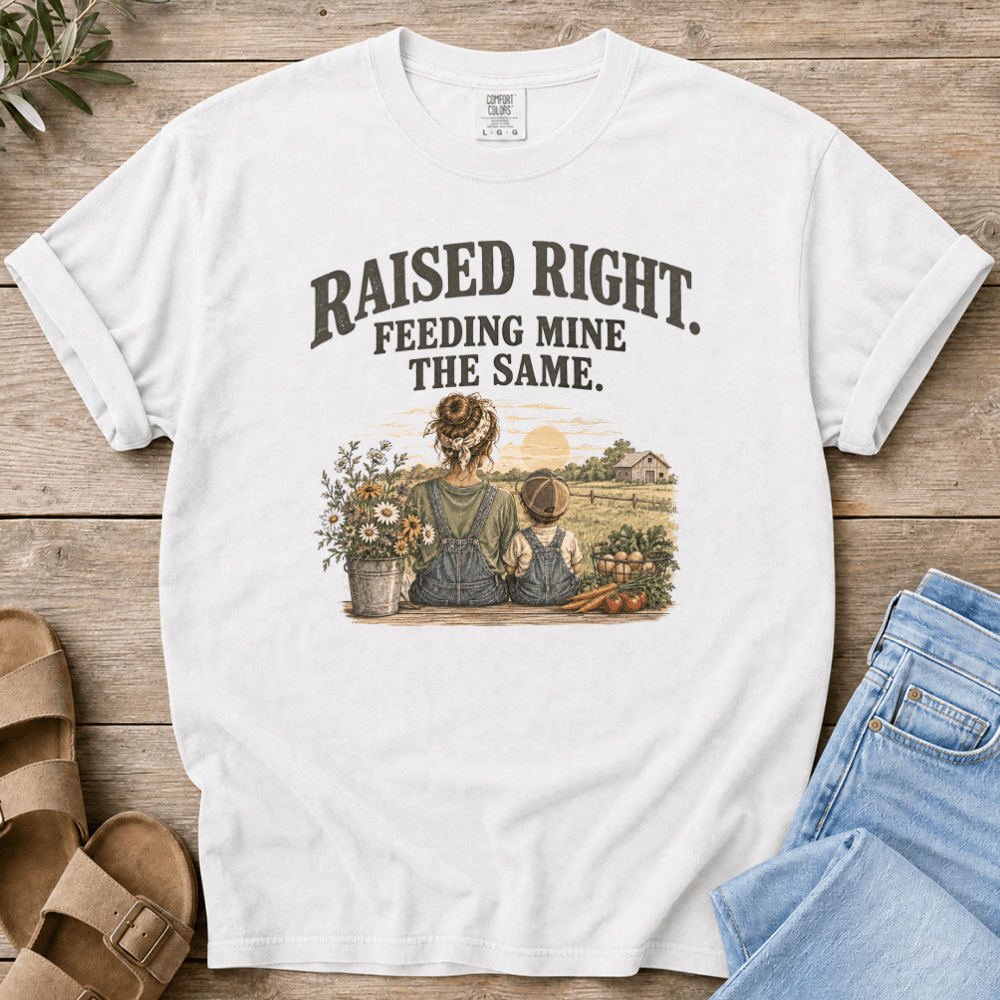 Nourish with Britt T-Shirt Raised Right T-Shirt Real Food Mom Tee | Raised Right, Feeding Mine the Same T Shirt