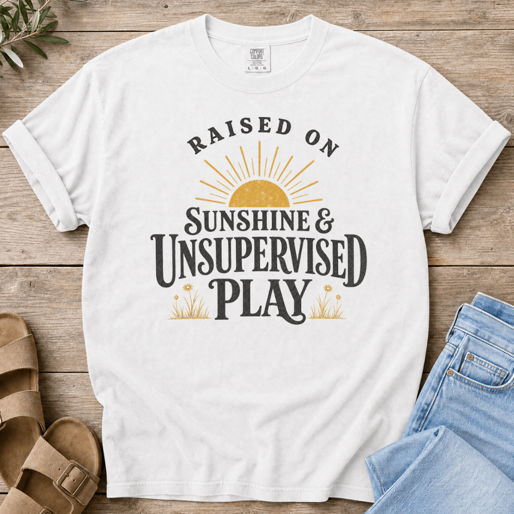 Nourish with Britt T-Shirt Raised on Sunshine T-Shirt Raised on Sunshine and Unsupervised Play T-Shirt | Retro Mom Tee